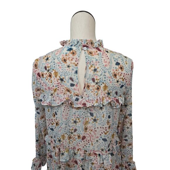 Sundance High Neck Floral Print Celina Blouse Tiered Ruffle Semi Sheer Womens XS - Picture 8 of 12